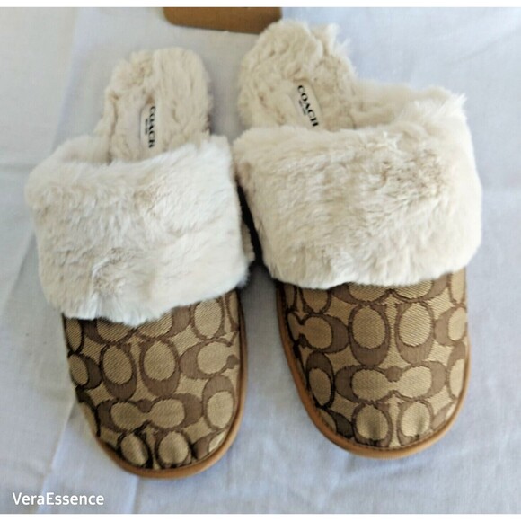 Coach Ziva Slippers Signature Jacquard & Faux Fur Upper Size 10B Khaki NWT - Picture 1 of 7